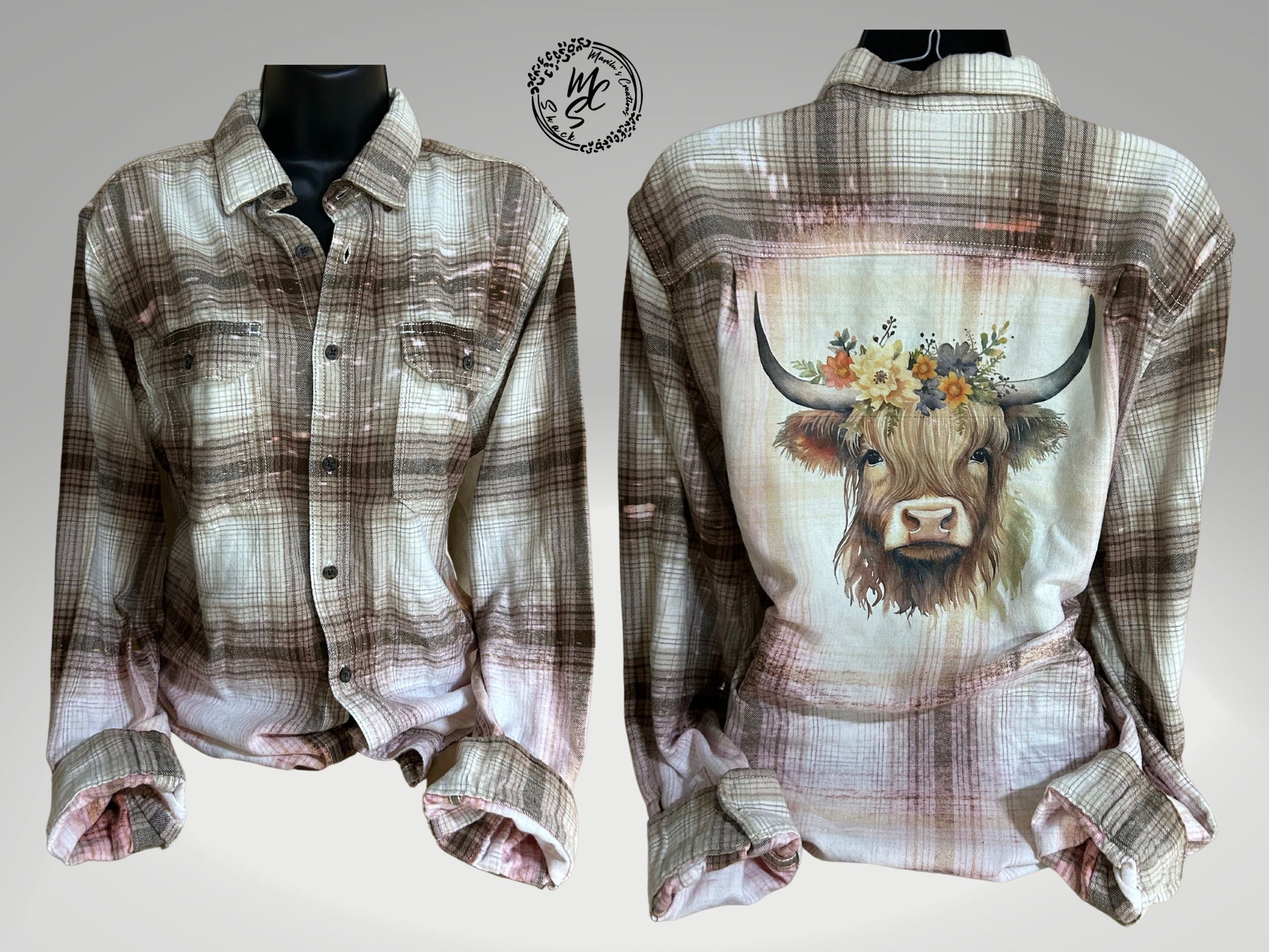 Flannel Highland cattle bleached distressed, super soft real flannel, tan plaid color cow with flowers top, gift for her, cow lovers.