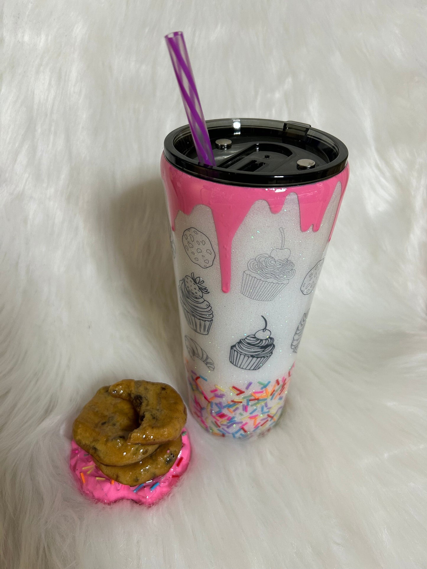 Sprinkles and glitter pastries, cupcakes and cookies 3D tumbler with removable cookies on top of a cake topper and pink dripping. Cute cup.