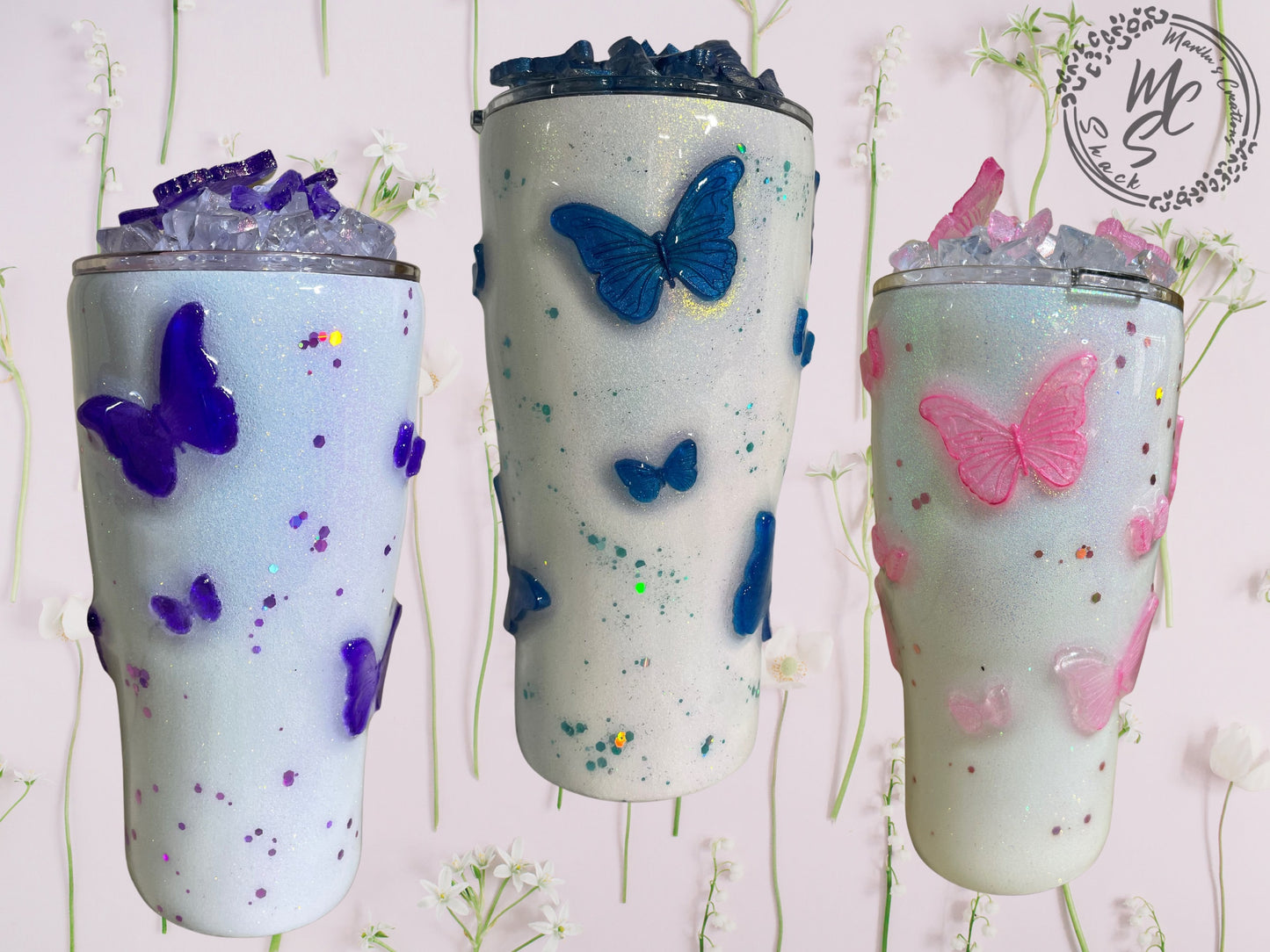 Butterflies Tumbler with 3D butterflies and 3D removable butterflies lid topper (Choose your butterflies colors in personalization)