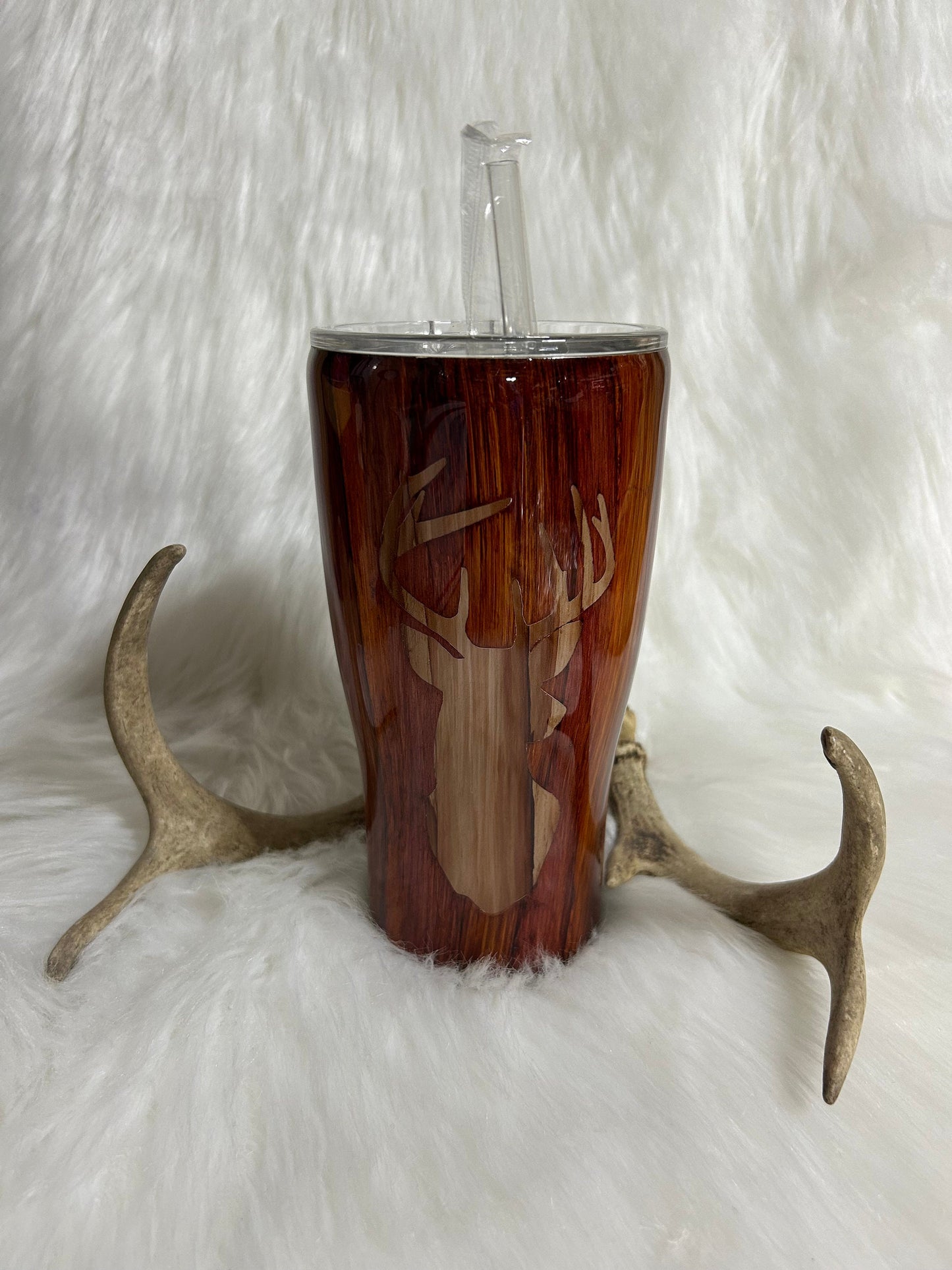Hand Painted Deer Tumbler: Wood Grain Stainless Steel Hunter Gift