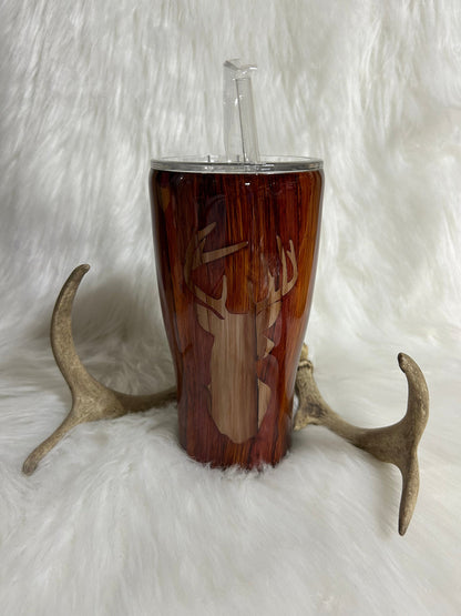 Hand Painted Deer Tumbler: Wood Grain Stainless Steel Hunter Gift