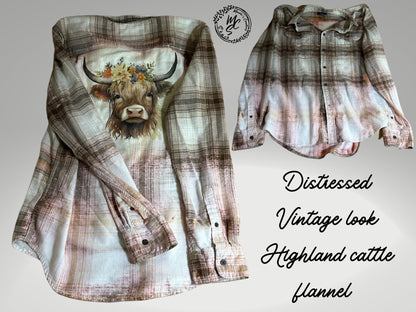 Flannel Highland cattle bleached distressed, super soft real flannel, tan plaid color cow with flowers top, gift for her, cow lovers.