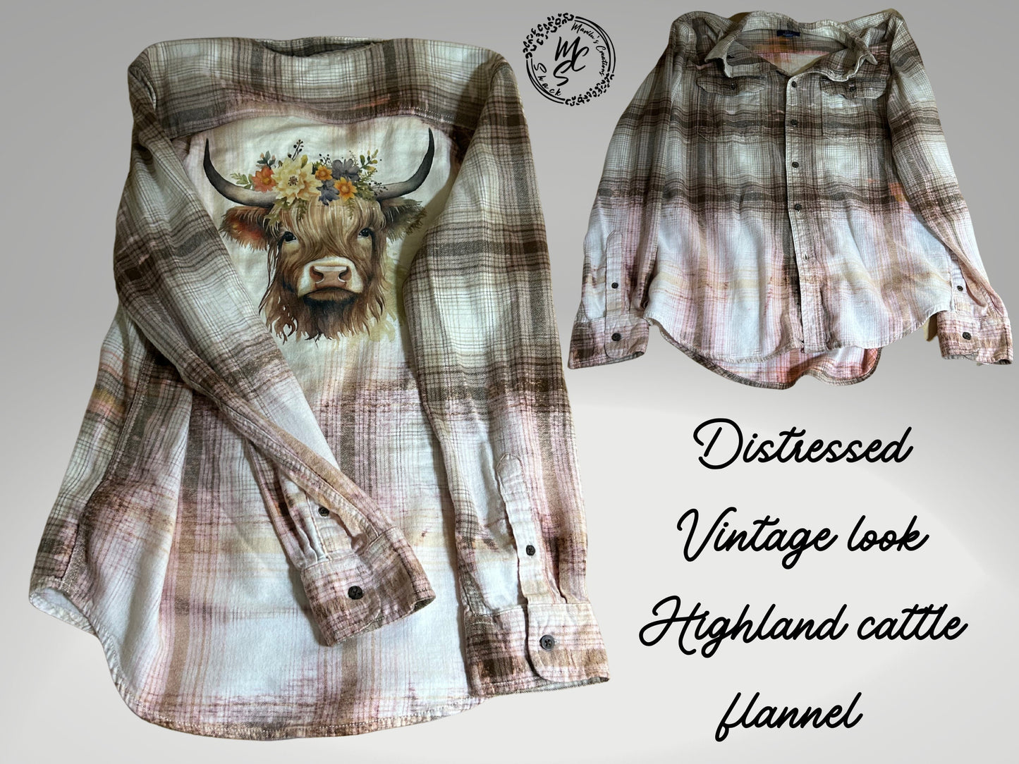 Distressed Highland Cattle Flannel Shirt: Bleached Tan Plaid Cow Top