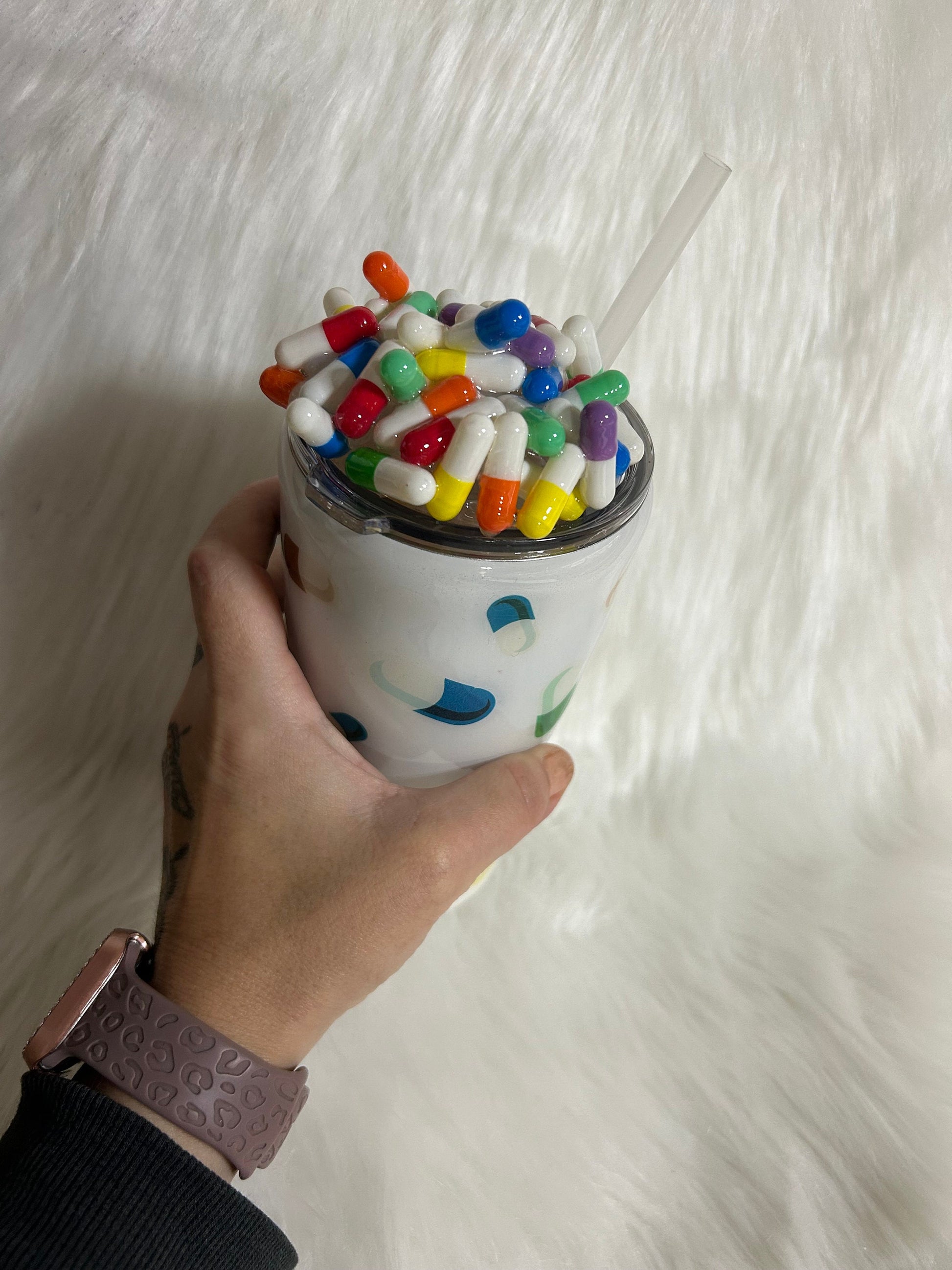 Pills custom tumbler, 3D fake pills removable topper, personalized with any text you want.