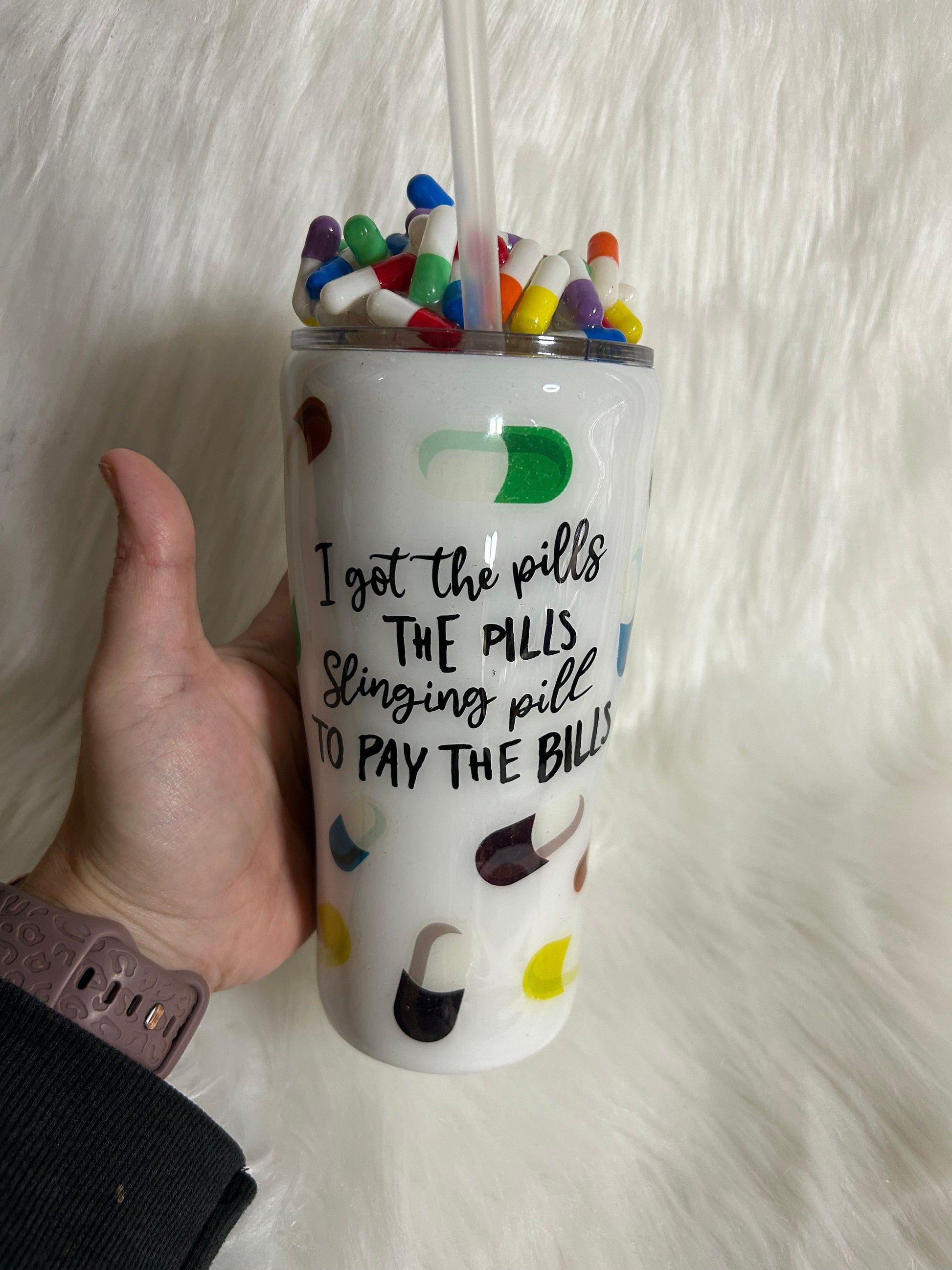 Pills custom tumbler, 3D fake pills removable topper, personalized with any text you want.