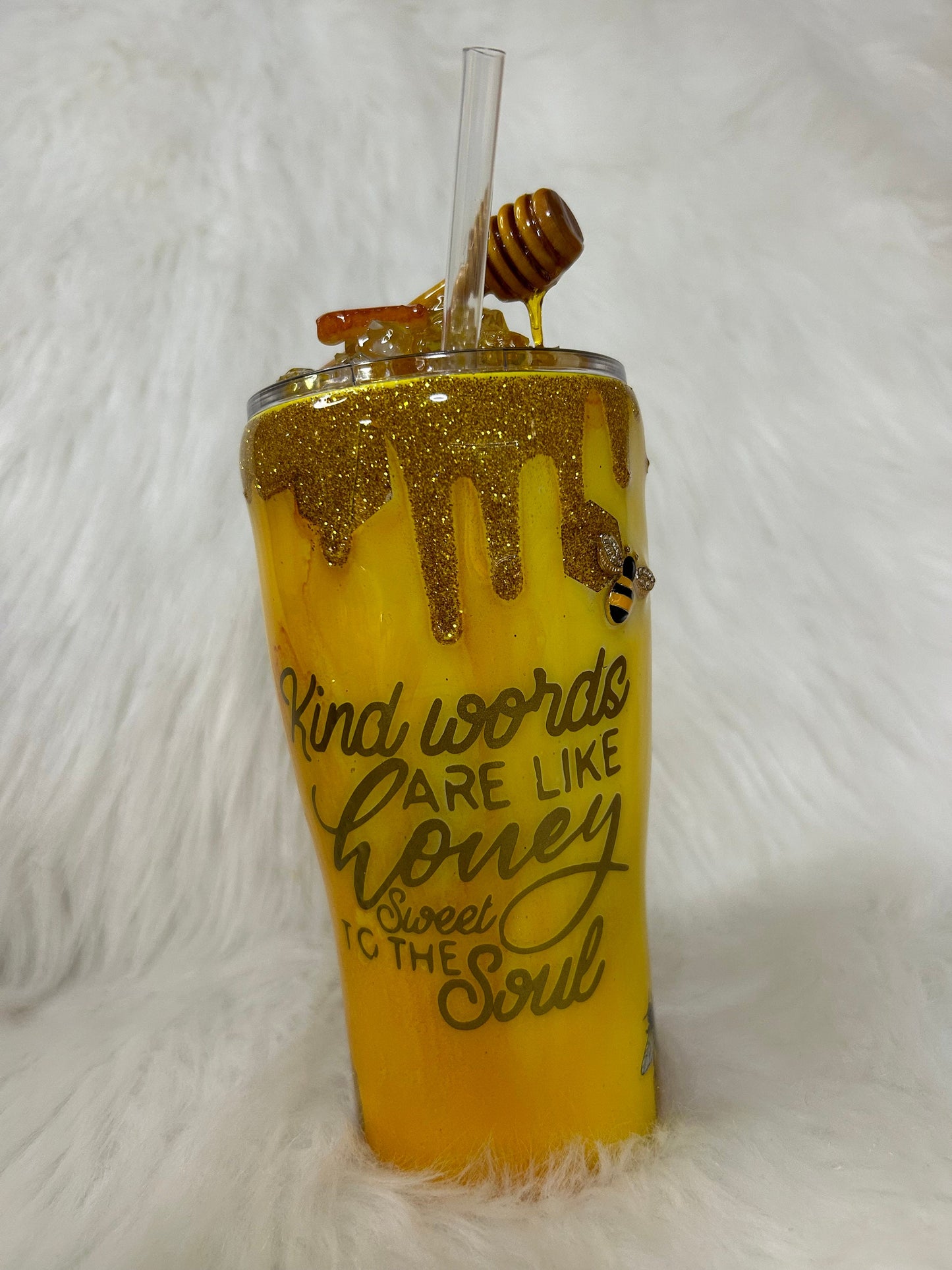 Bee Tumbler, honey bee and sunflowers 3D Tumbler with removable 3d Topper, 3d bees and honey dripping peekaboo glitter tumbler, gift for her