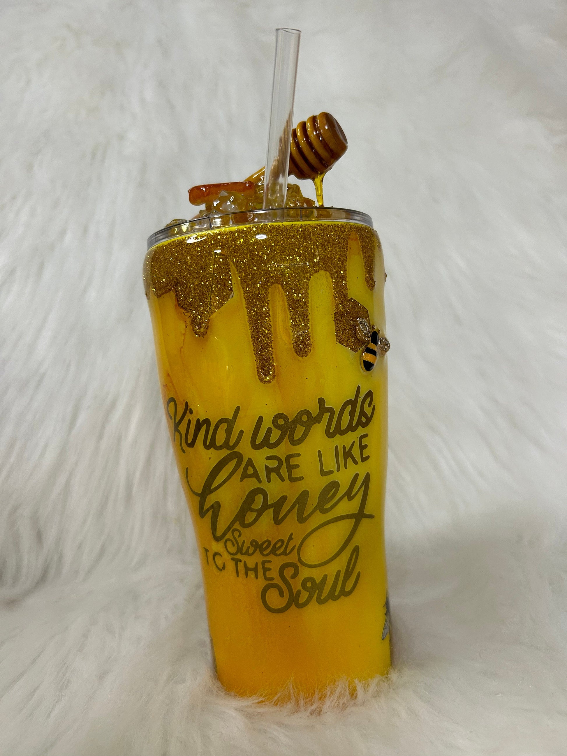Bee Tumbler, honey bee and sunflowers 3D Tumbler with removable 3d Topper, 3d bees and honey dripping peekaboo glitter tumbler, gift for her