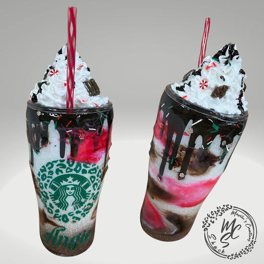 Candy Cane Mocha with 3D removable topper tumbler and 3D chocolate dripping, Glitter Cup, Whipped Cream topper, red, green, white, glitter.