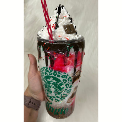 Candy Cane Mocha with 3D removable topper tumbler and 3D chocolate dripping, Glitter Cup, Whipped Cream topper, red, green, white, glitter.