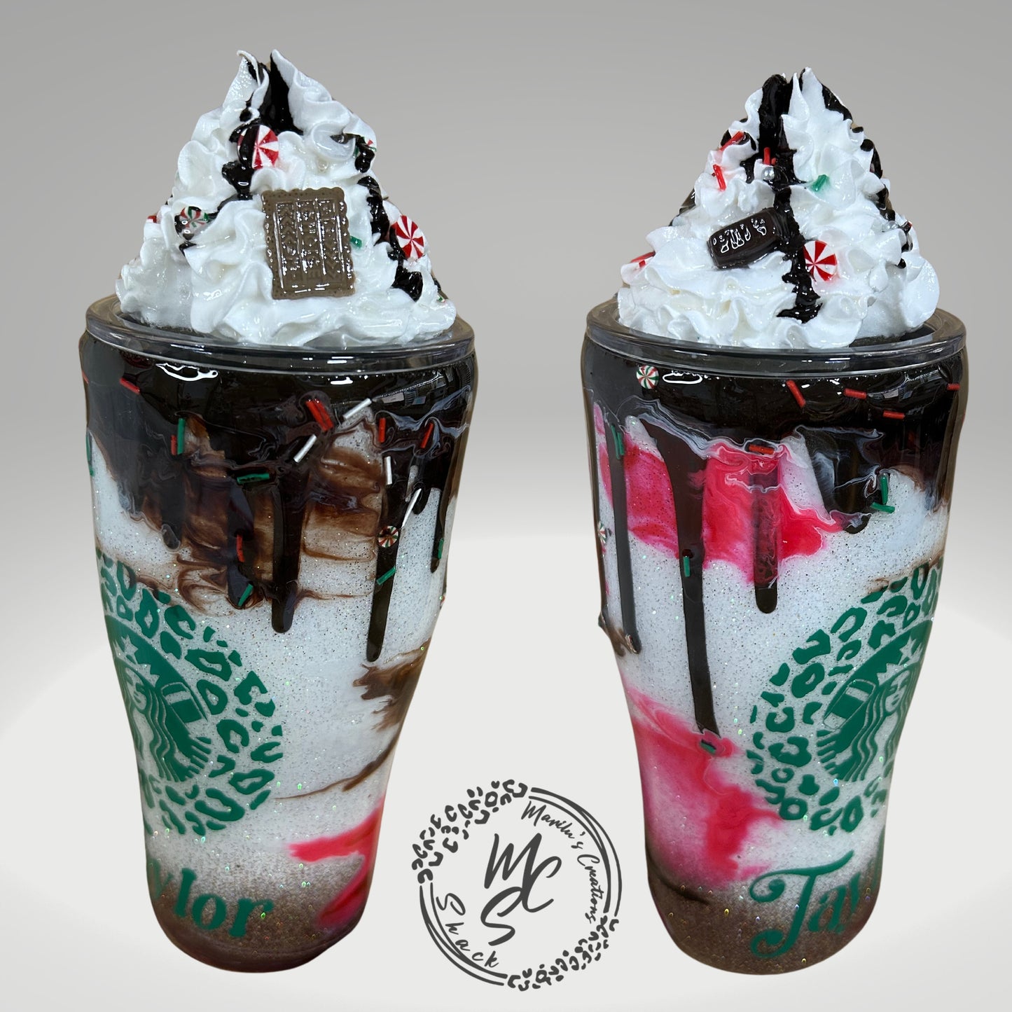 Candy Cane Mocha with 3D removable topper tumbler and 3D chocolate dripping, Glitter Cup, Whipped Cream topper, red, green, white, glitter.