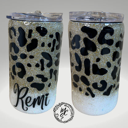 Leopard print tumbler, Sparkly animal print tumbler (with slide lid and straw), ombré glitter with gold and silver mix, several cup sizes