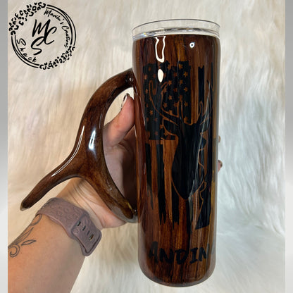 Deer Antler Handle Tumbler: USA Flag Hunting Cup, 20oz Stainless Steel