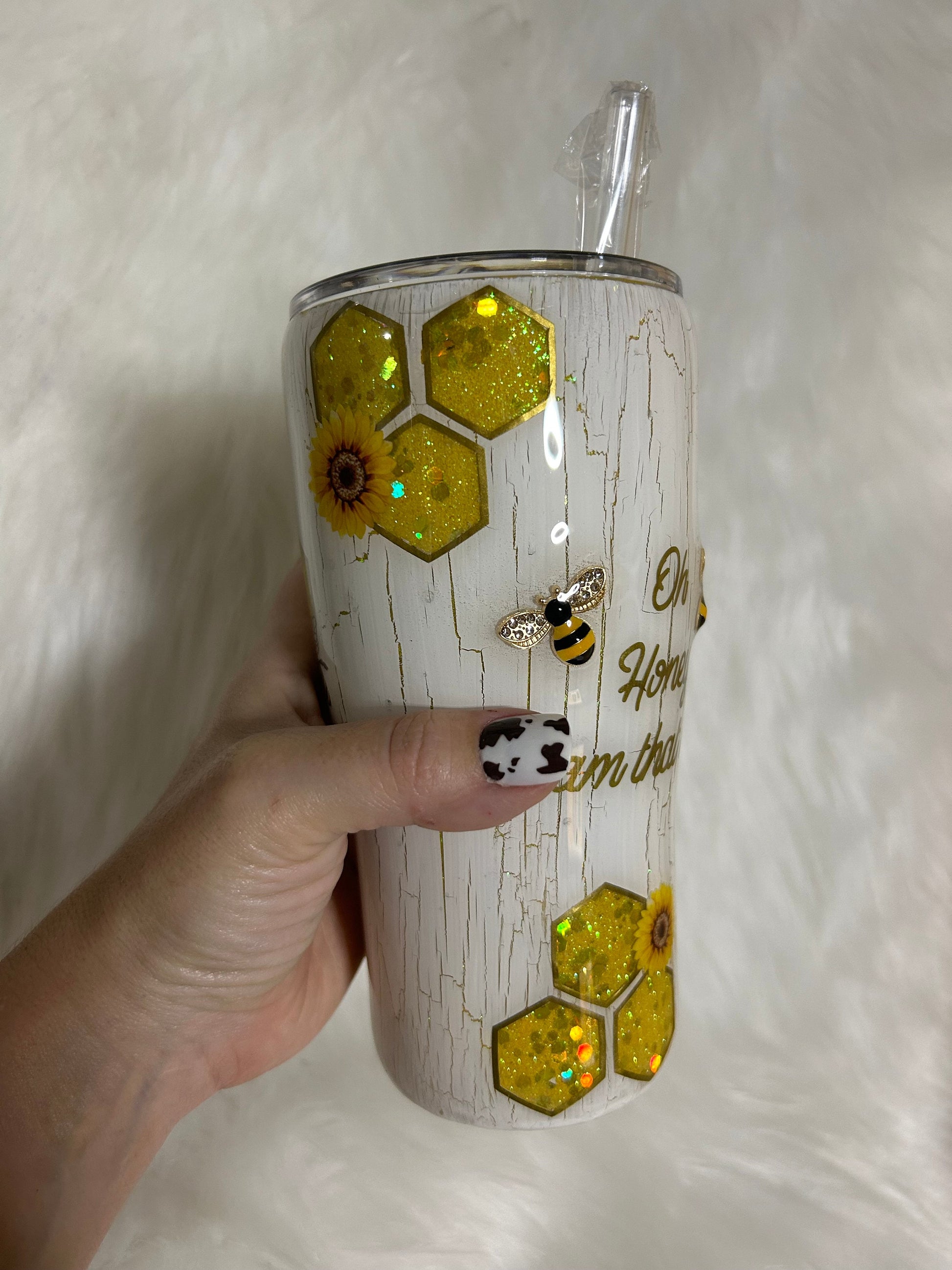 Bee tumbler with 3D bees embellishment and sunflowers (choose your cup and size), honey comb peekaboo glitter with white crackle effect.