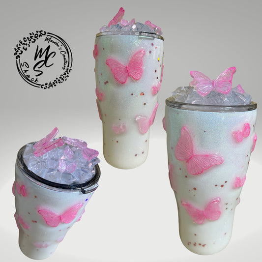 Butterflies Tumbler with 3D butterflies and 3D removable butterflies lid topper, Baby pink, pink tumbler, glitter pink and white cup.