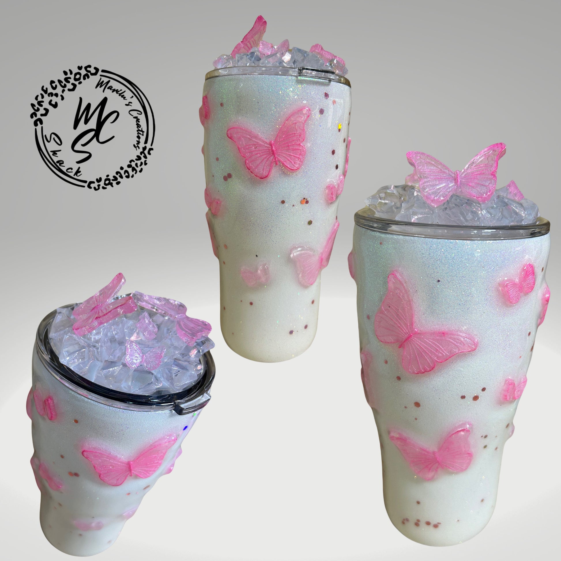 Pink Butterflies Tumbler with 3D butterflies and 3D removable butterflies lid topper, Baby pink, pink tumbler, glitter pink and white cup.