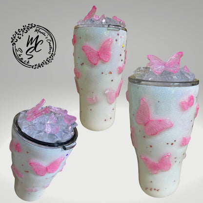 Pink Butterflies Tumbler with 3D butterflies and 3D removable butterflies lid topper, Baby pink, pink tumbler, glitter pink and white cup.