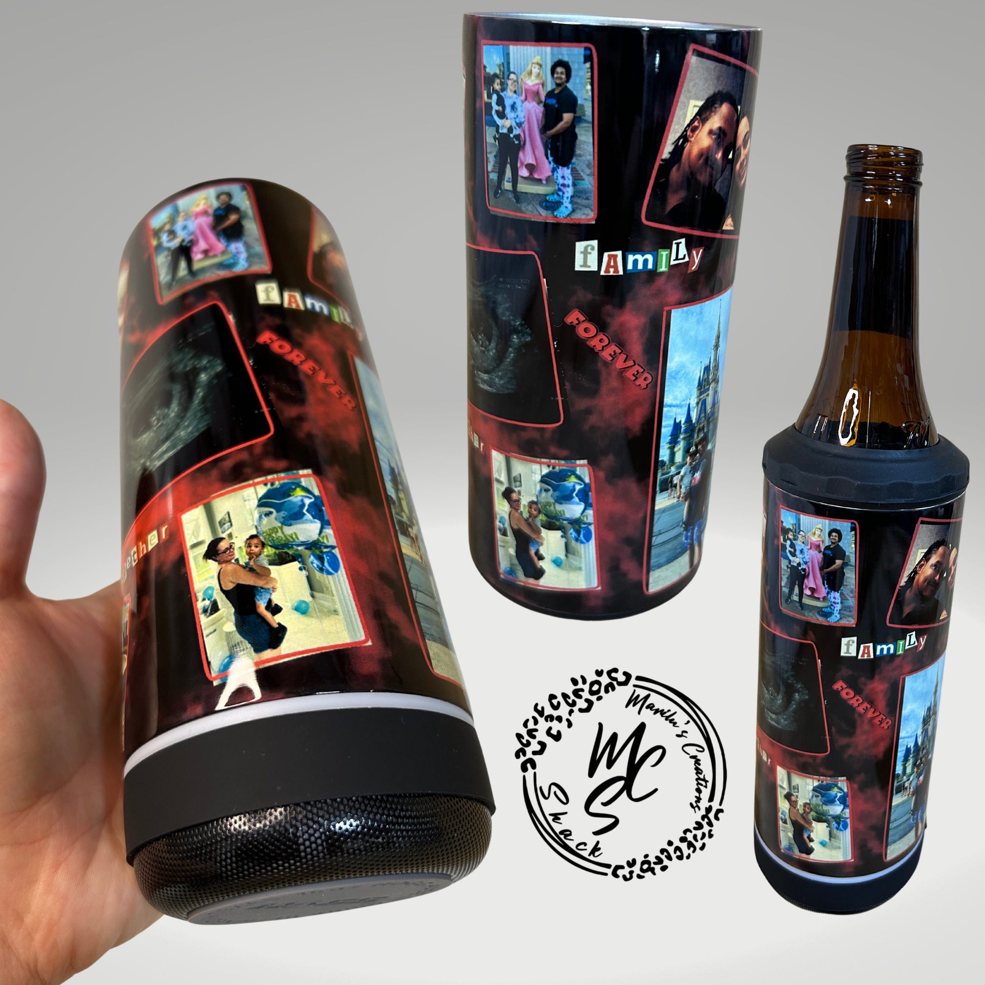 Tumbler with speaker, custom personalized tumbler, picture Bluetooth tumbler, 4 in 1 tumbler/koozie fits bottles and cans, gift for him/her.