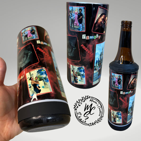 Tumbler with speaker, custom personalized tumbler, picture Bluetooth tumbler, 4 in 1 tumbler/koozie fits bottles and cans, gift for him/her.