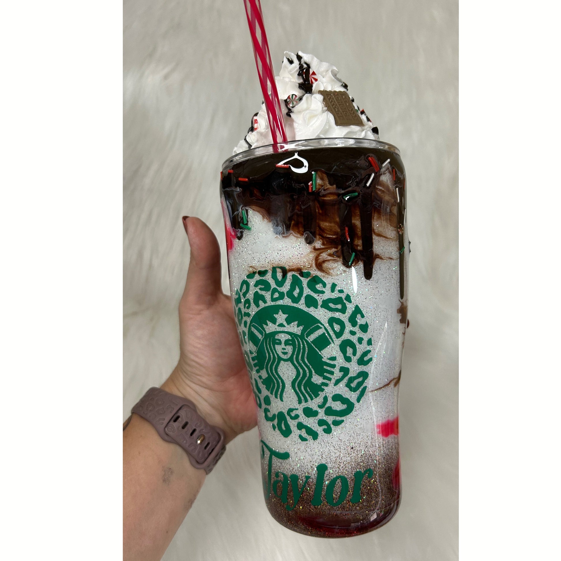 Candy Cane Mocha with 3D removable topper tumbler and 3D chocolate dripping, Glitter Cup, Whipped Cream topper, red, green, white, glitter.