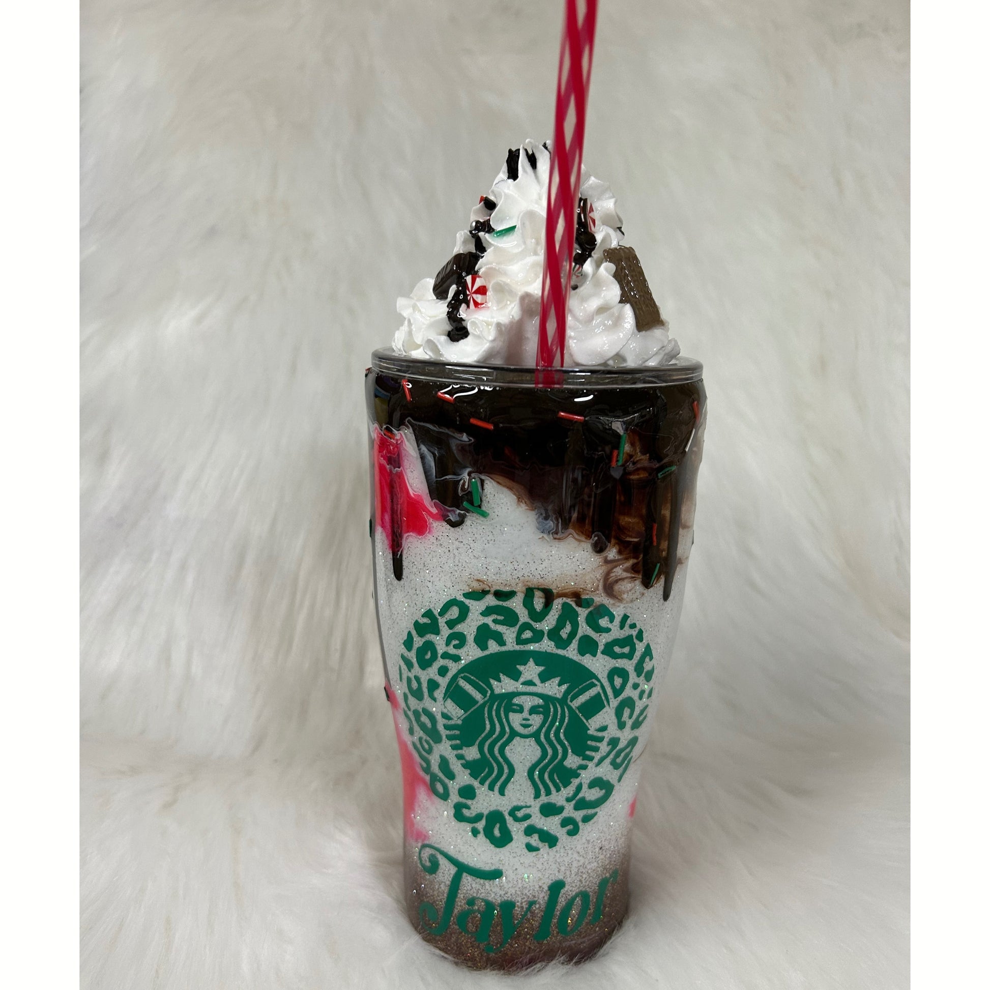 Candy Cane Mocha with 3D removable topper tumbler and 3D chocolate dripping, Glitter Cup, Whipped Cream topper, red, green, white, glitter.