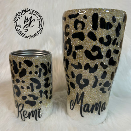 Leopard print tumbler, Sparkly animal print tumbler (with slide lid and straw), ombré glitter with gold and silver mix, several cup sizes