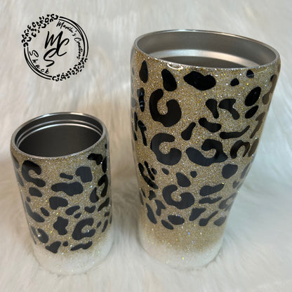 Leopard print tumbler, Sparkly animal print tumbler (with slide lid and straw), ombré glitter with gold and silver mix, several cup sizes