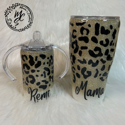 Leopard print tumbler, Sparkly animal print tumbler (with slide lid and straw), ombré glitter with gold and silver mix, several cup sizes