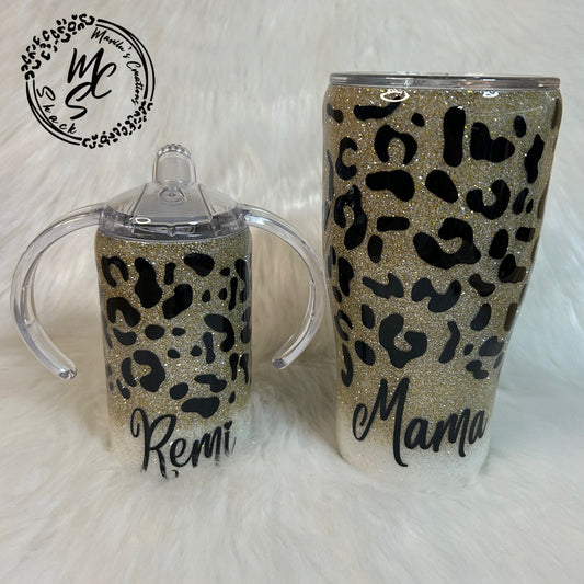 Leopard print tumbler, Sparkly animal print tumbler (with slide lid and straw), ombré glitter with gold and silver mix, several cup sizes