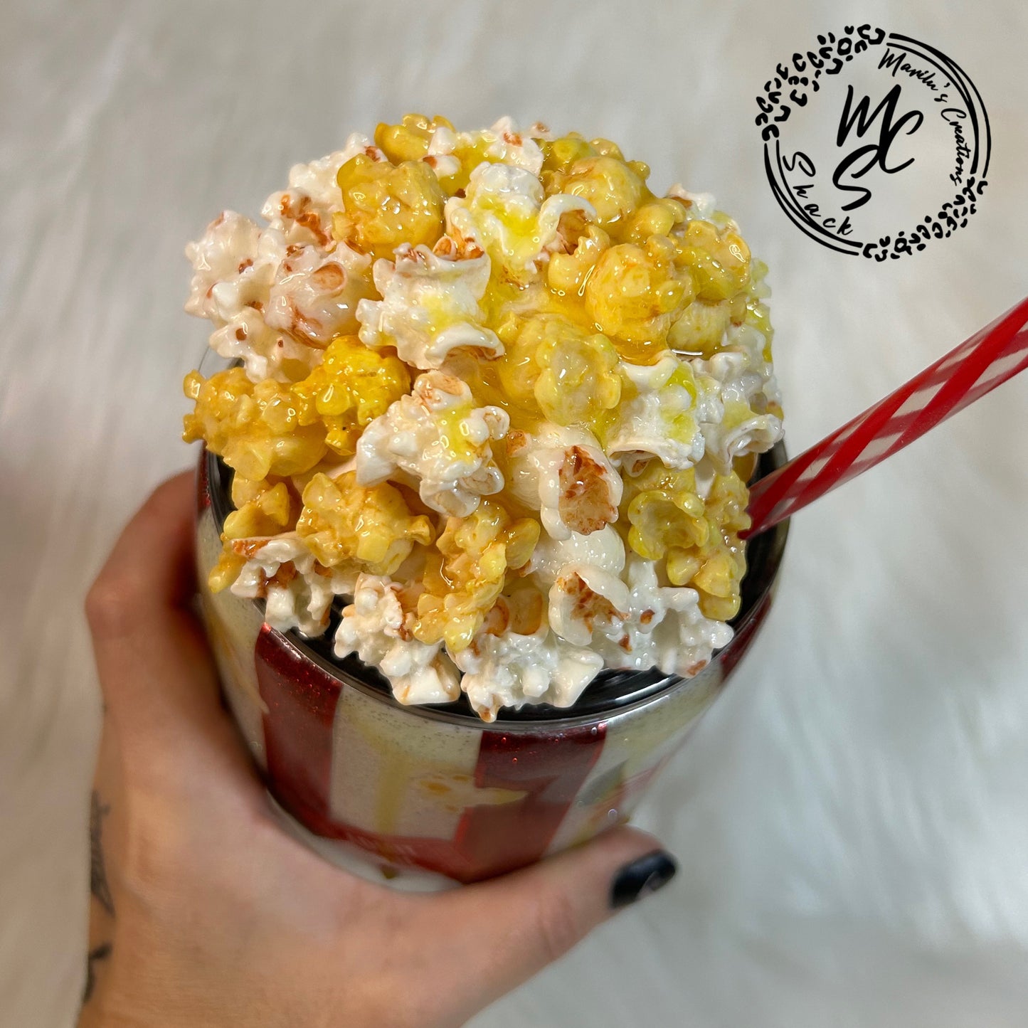 Popcorn Tumbler with 3D removable topper with realistic kernels and 3d butter dripping, welcome to the freak show cup, red and white glitter