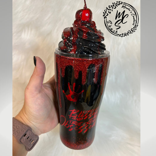 True Crime Tumbler with 3D dripping and Removable Topper, blessed and obsessed. Customizable/Personalizeable.
