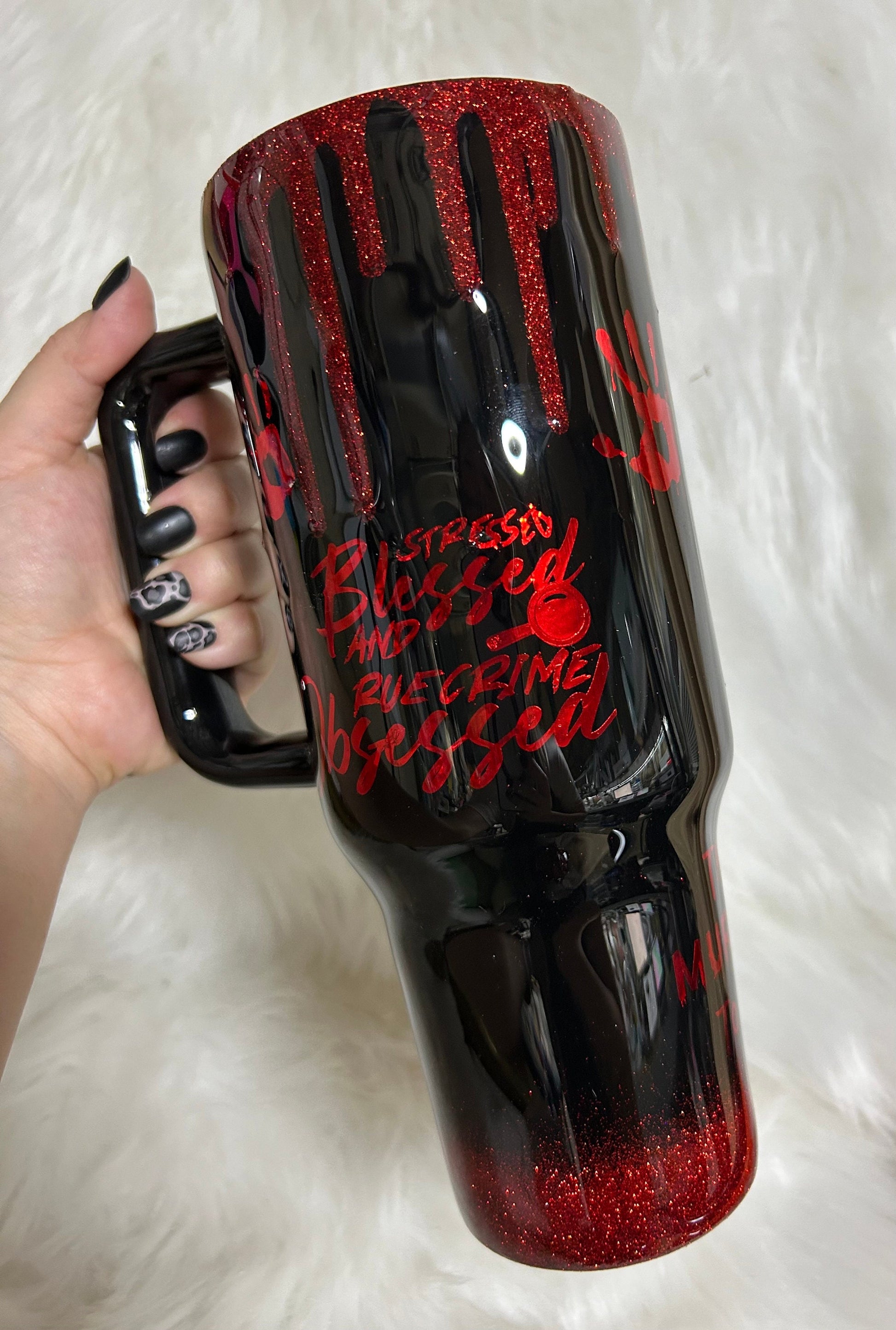 True Crime Tumbler with 3D dripping and Removable Topper, blessed and obsessed. Customizable/Personalizeable.