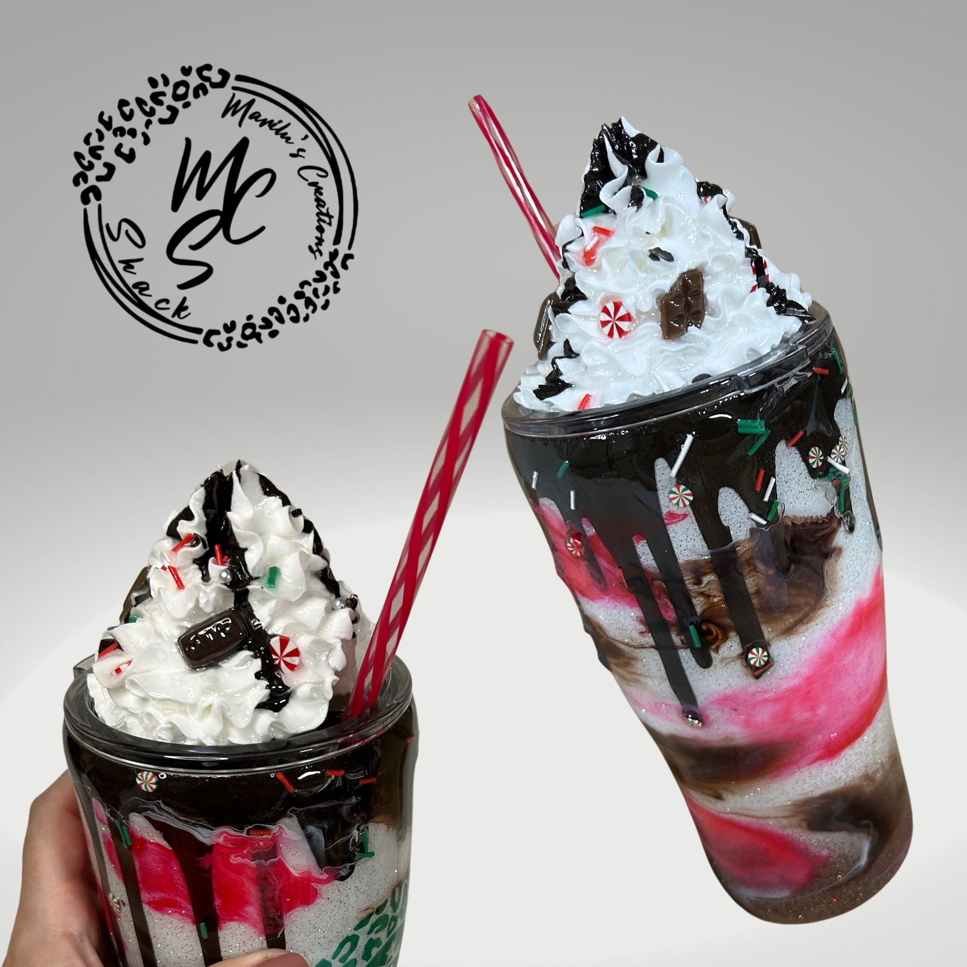 Candy Cane Mocha with 3D removable topper tumbler and 3D chocolate dripping, Glitter Cup, Whipped Cream topper, red, green, white, glitter.