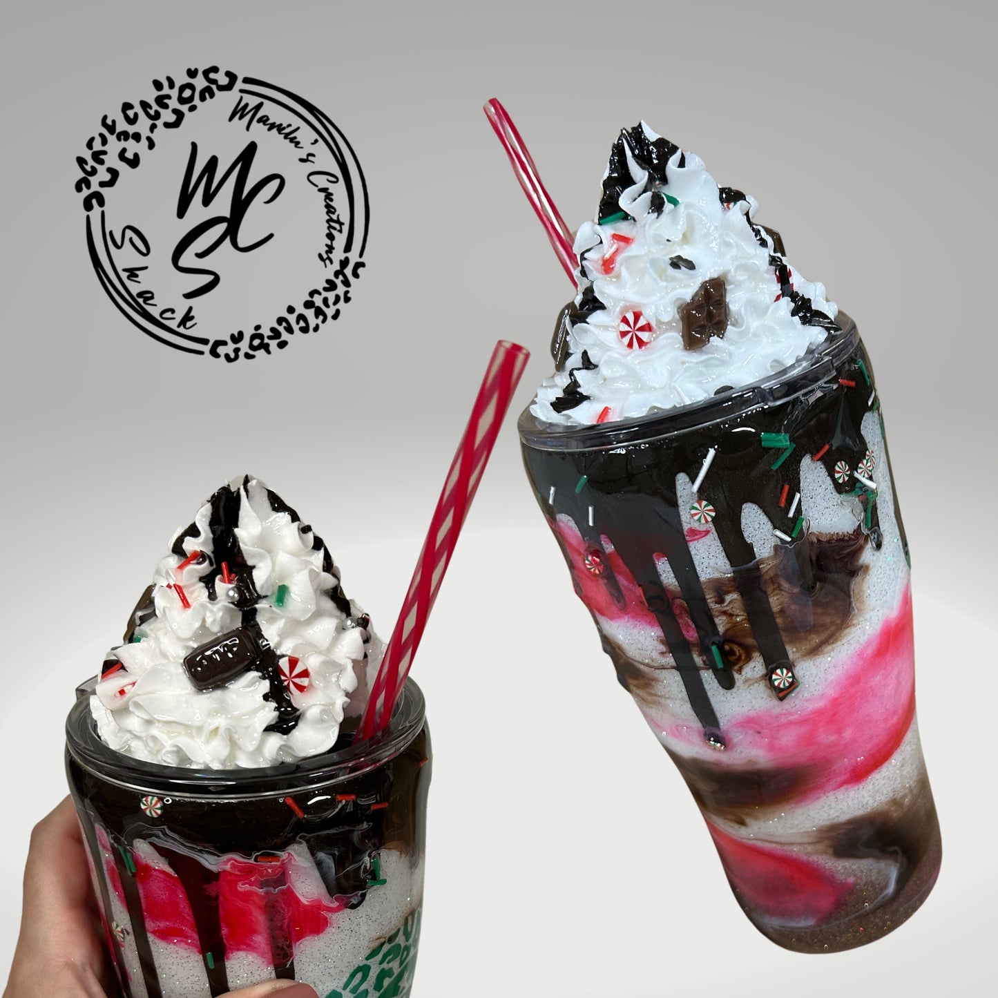 Candy Cane Mocha Tumbler: 3D Topper, Glitter, Faux Whipped Cream