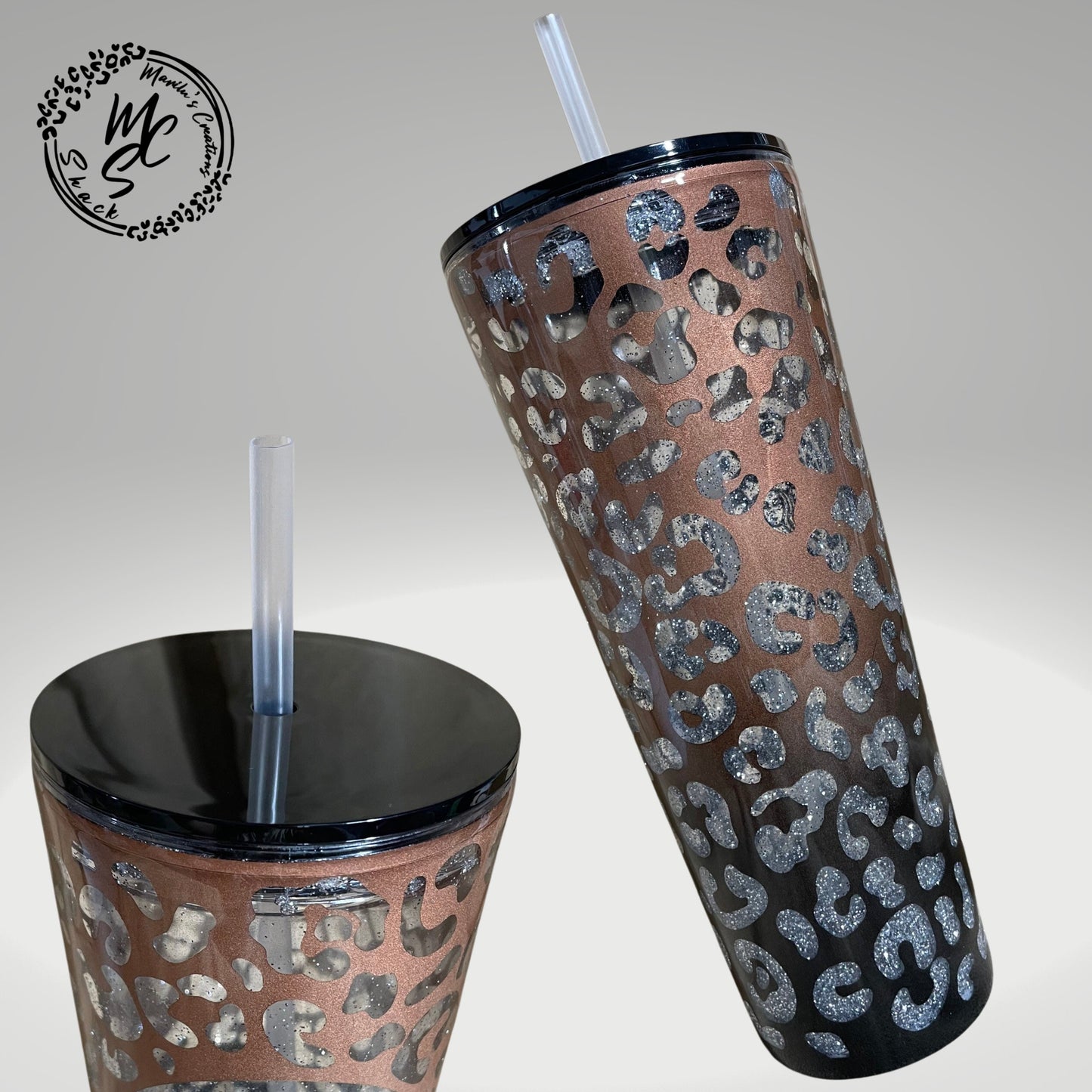 Leopard print tumbler, Black and Rose Gold Peekaboo Snow Globe Tumbler (24oz)