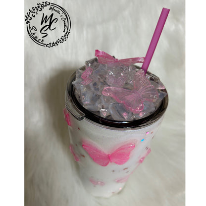 3D Pink Butterfly Tumbler: Handmade Stainless Steel Cup