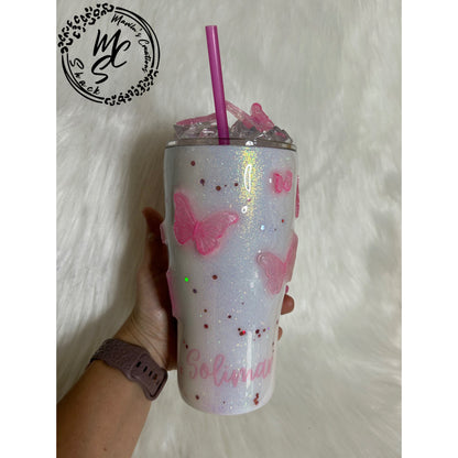 Pink Butterflies Tumbler with 3D butterflies and 3D removable butterflies lid topper, Baby pink, pink tumbler, glitter pink and white cup.