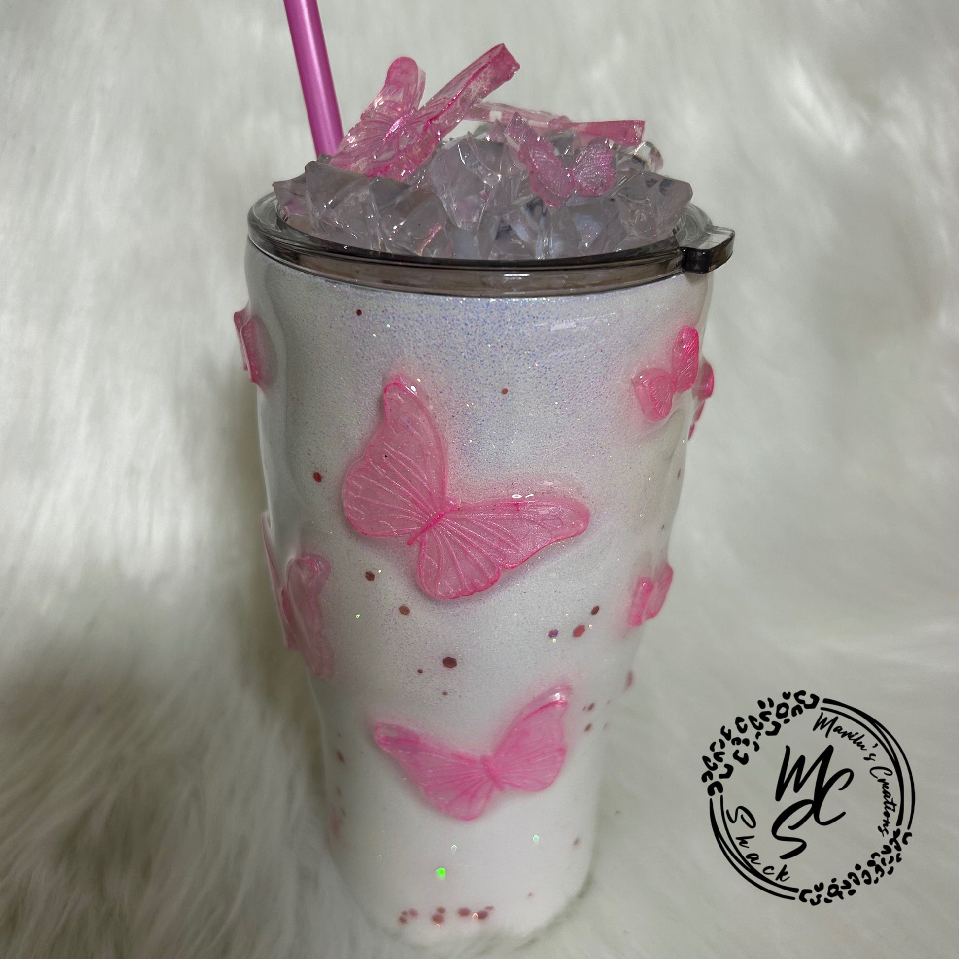 3D Pink Butterfly Tumbler: Handmade Stainless Steel Cup