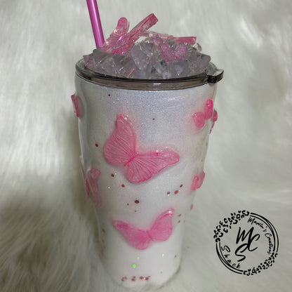 3D Pink Butterfly Tumbler: Handmade Stainless Steel Cup