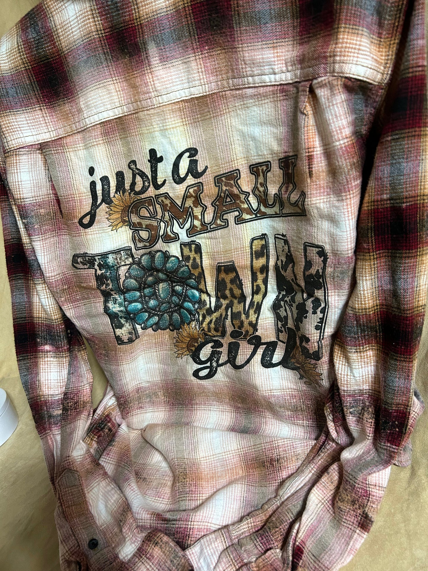 Flannel “just a small town girl” bleached distressed, super soft real flannel, brown plaid color flannel, gift for her.