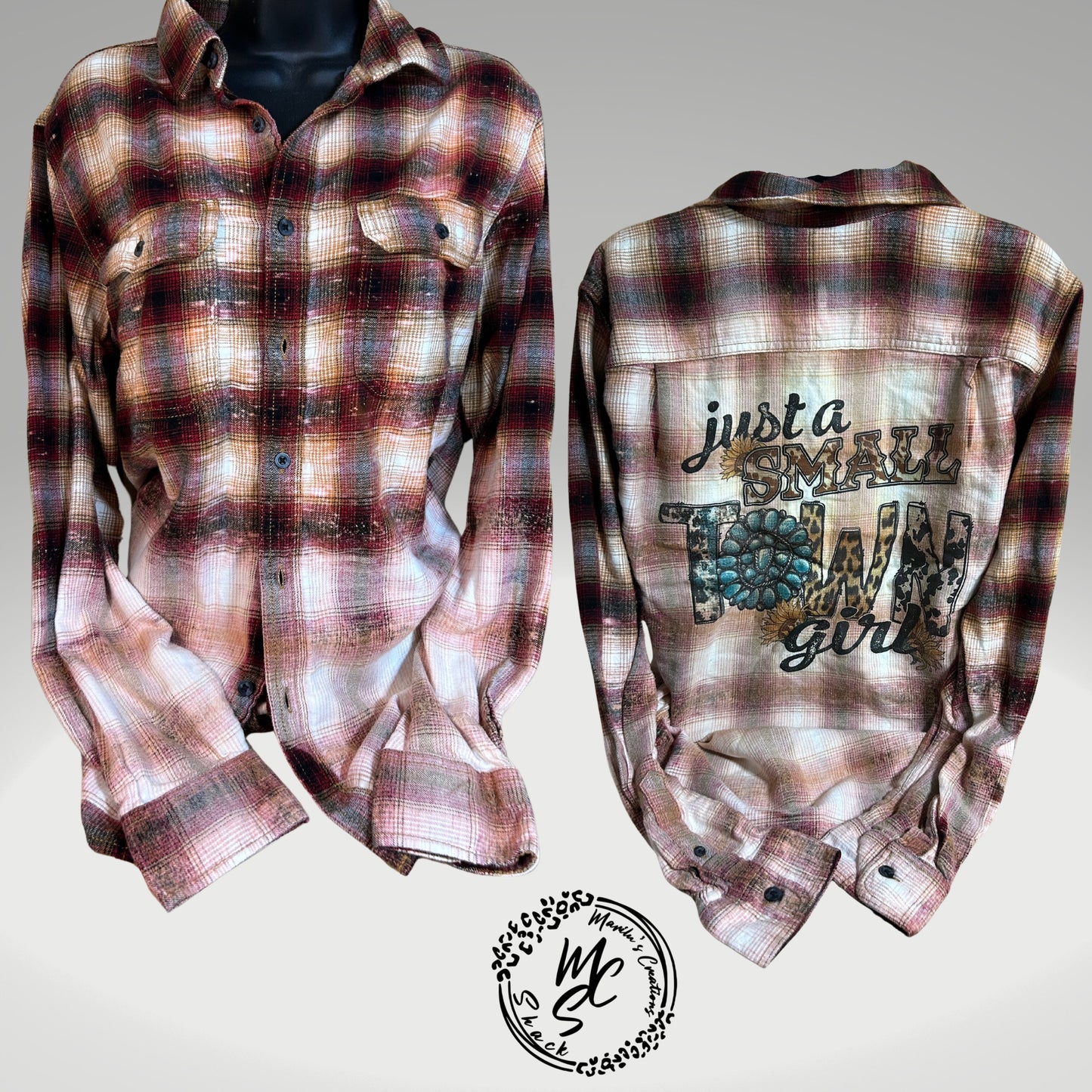 Flannel “just a small town girl” bleached distressed, super soft real flannel, brown plaid color flannel, gift for her.