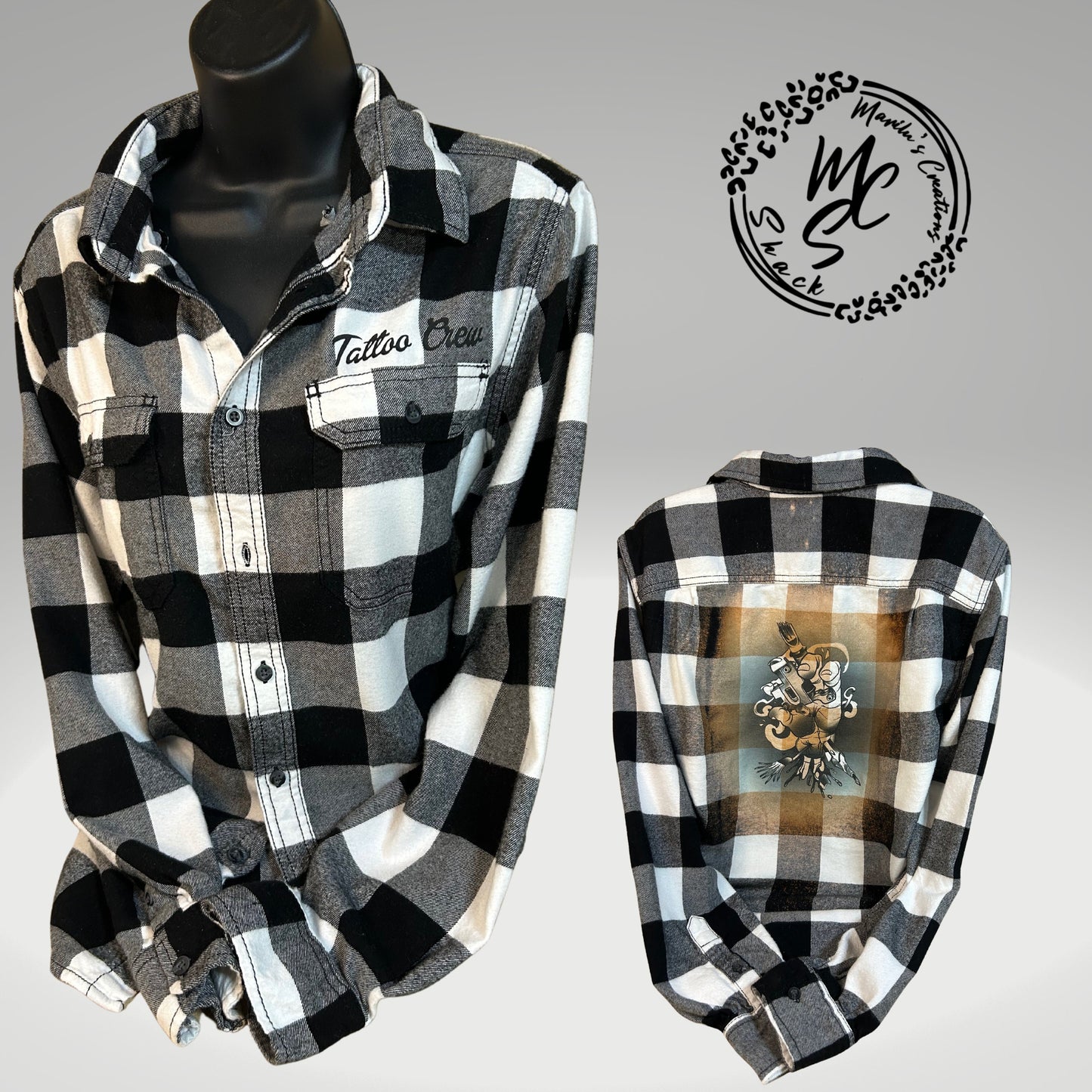 Flannels Bleached/Distressed/Vintage Custom (Choose your flannel size, color and send me the design) front pocket print and back print