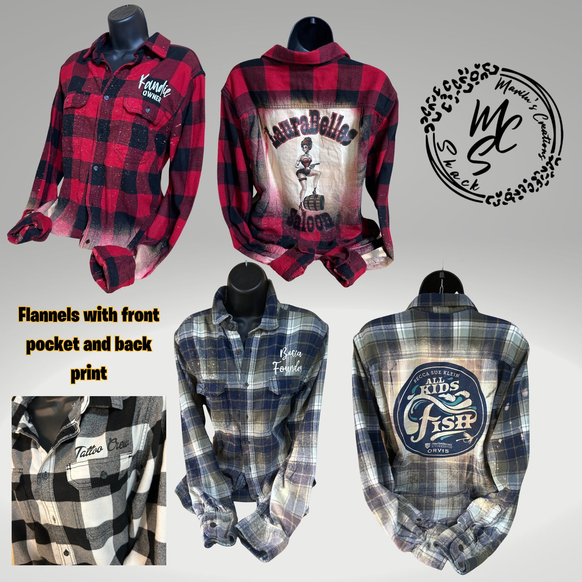 Flannels Bleached/Distressed/Vintage Custom (Choose your flannel size, color and send me the design) front pocket print and back print