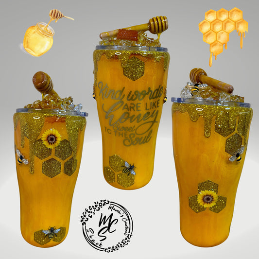 Bee Tumbler, honey bee and sunflowers 3D Tumbler with removable 3d Topper, 3d bees and honey dripping peekaboo glitter tumbler, gift for her