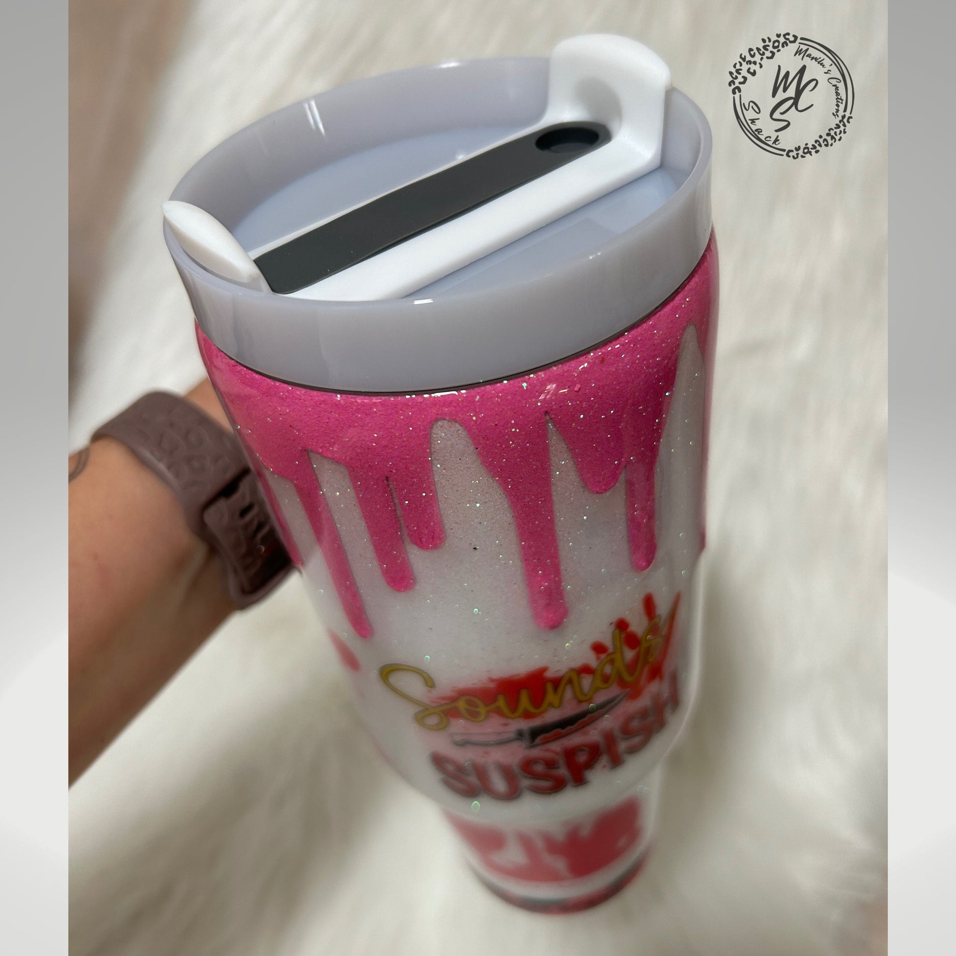 Personalized True Crime Tumbler: Pink Glitter Drip, Handmade Stainless Steel