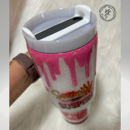 Personalized True Crime Tumbler: Pink Glitter Drip, Handmade Stainless Steel