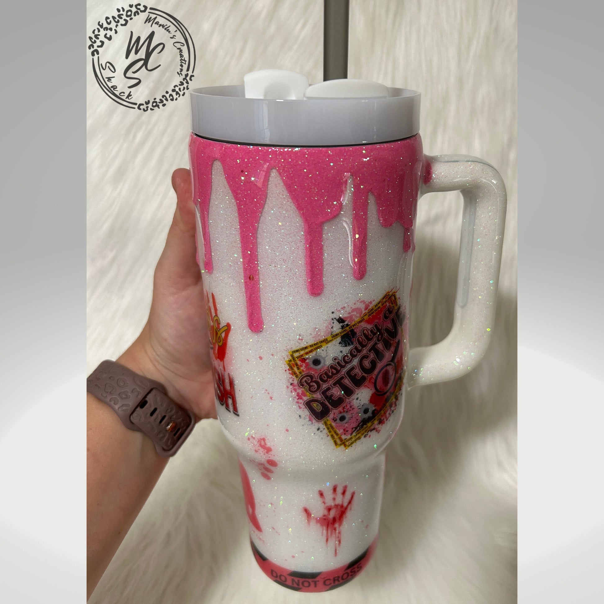 True Crime Pink Tumbler with 3D pink dripping , true crime junkie, basically a detective, sounds suspish. Customizable/Personalizeable.