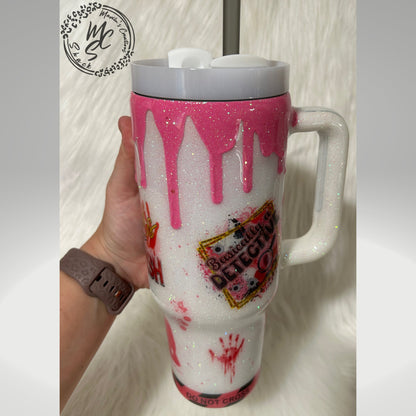 True Crime Pink Tumbler with 3D pink dripping , true crime junkie, basically a detective, sounds suspish. Customizable/Personalizeable.