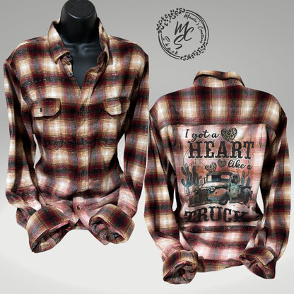 Flannel Heart like a truck bleached distressed, super soft real flannel, blue cove or brown plaid colors, concert or everyday wear flannel.