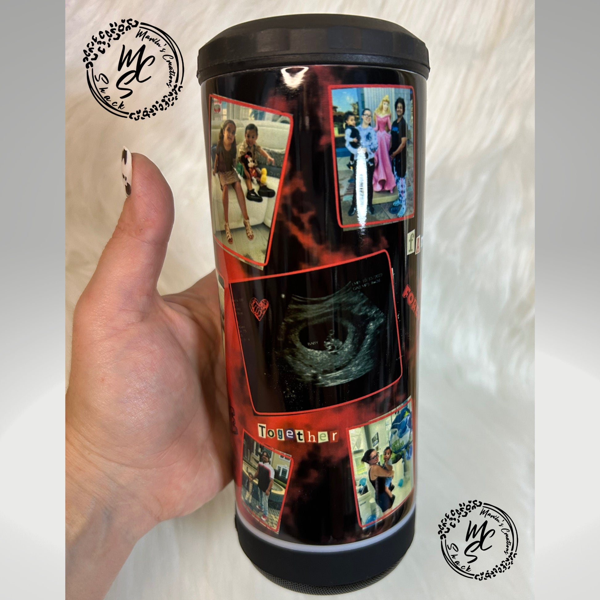 Tumbler with speaker, custom personalized tumbler, picture Bluetooth tumbler, 4 in 1 tumbler/koozie fits bottles and cans, gift for him/her.