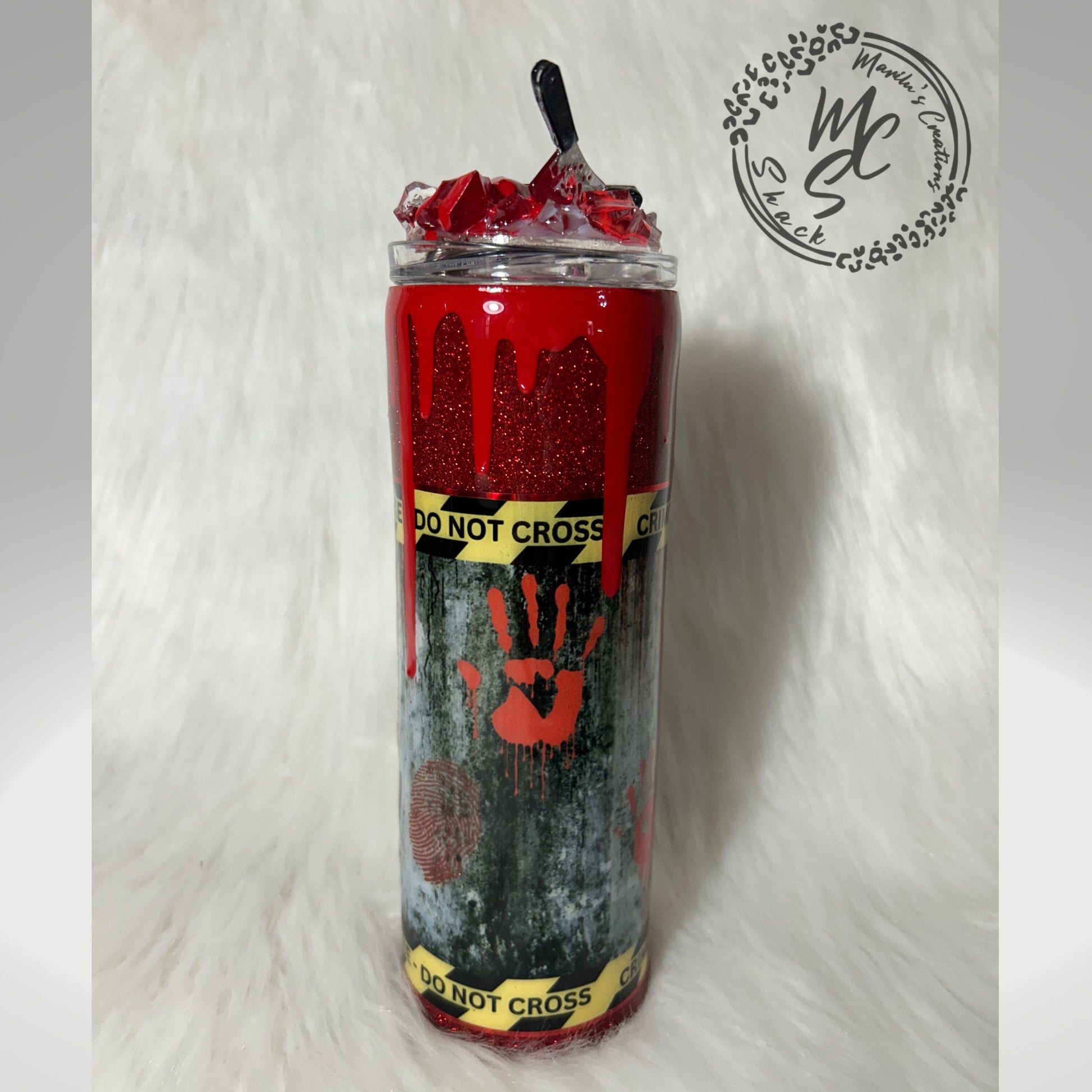 True crime junkie tumbler (20oz with straw) murder mystery design with red glitter and bloody dripping with 3d knives removable topper.